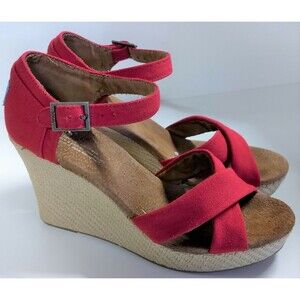 Tom wedge heel ankle strap red canvas fabric sandals, 301112, US size 8.5